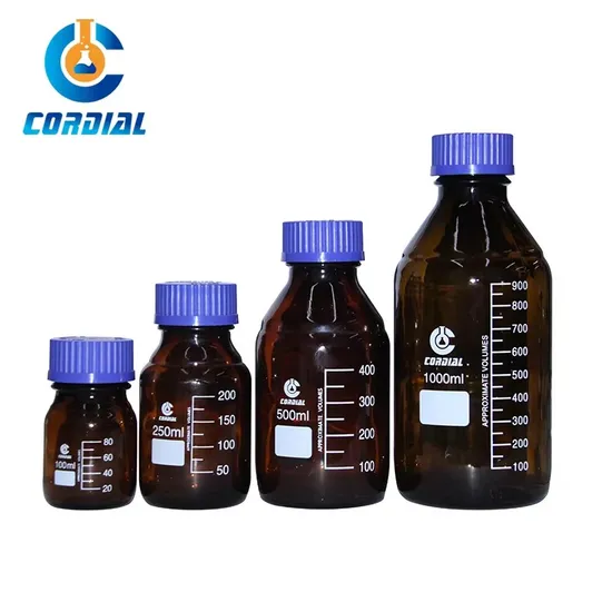 Cordial Lab 25-2000ml Amber Glass Reagent Bottle with Blue Gl45 Thread Cap for Lab Storage - Reagent